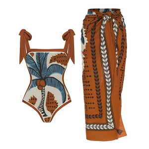 Womens Bikini Set 2 Piece Boho Vintage Print Halter Tummy Control Strappy Swimsuit With Bikini Maxi Wrap One Piece Swimsuit