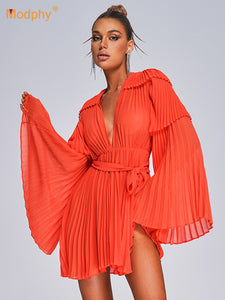 Modphy  Summer New Flare Long Sleeve V-neck Bright Pleated Women Sexy Empire Waist Party Chiffon Dress Draped Vestidos