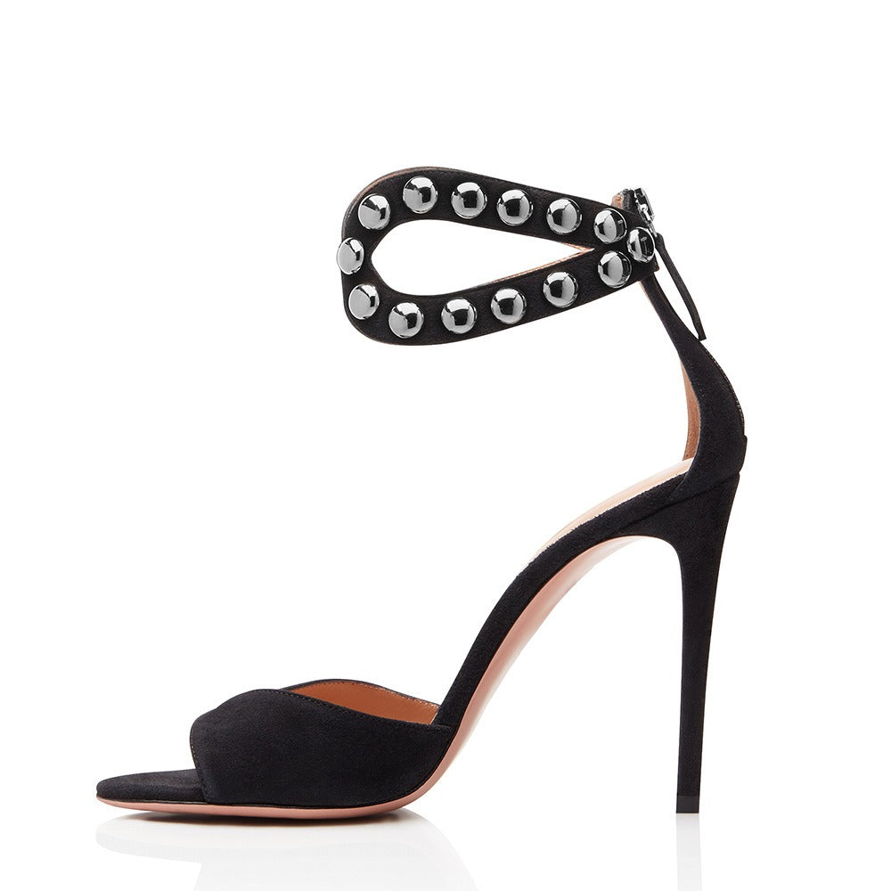 Black Red Rivet High Heel Sandals, Oversized Womens Banquet Fashion Shoes