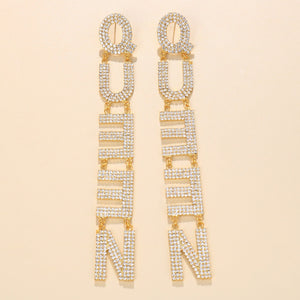 QUEEN Letter Earrings Exaggerate Personality Long Full Diamond Earrings