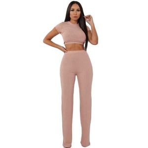 New Fashion Casual Suit Women's High Elastic Cotton Pit Strip Wide Leg Pants Two-Piece Set