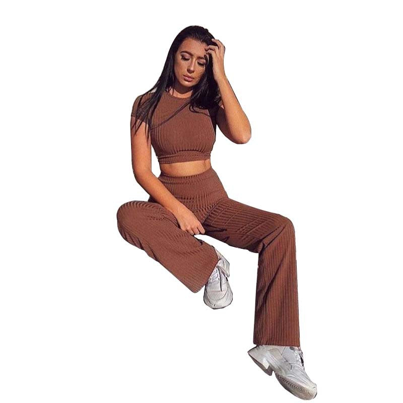 New Fashion Casual Suit Women's High Elastic Cotton Pit Strip Wide Leg Pants Two-Piece Set