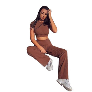 New Fashion Casual Suit Women's High Elastic Cotton Pit Strip Wide Leg Pants Two-Piece Set