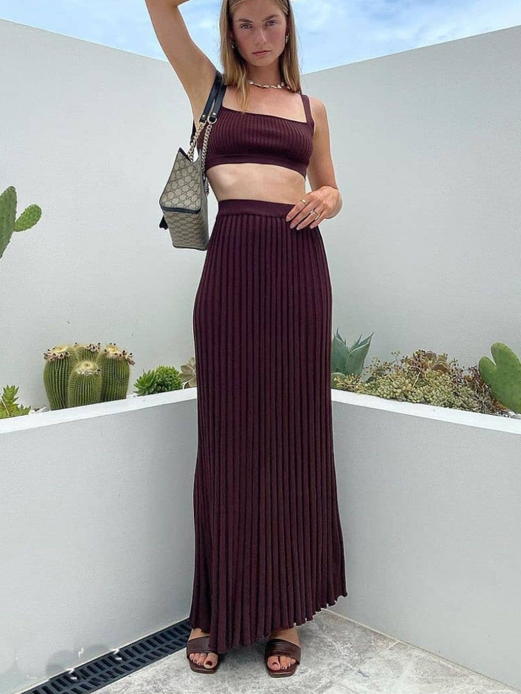 Tossy New White Knit Two Piece Women Sets Fall Ribbed Tank Top And Pleated Knitted Skirt Suits For Women Long Dress Sets Summer