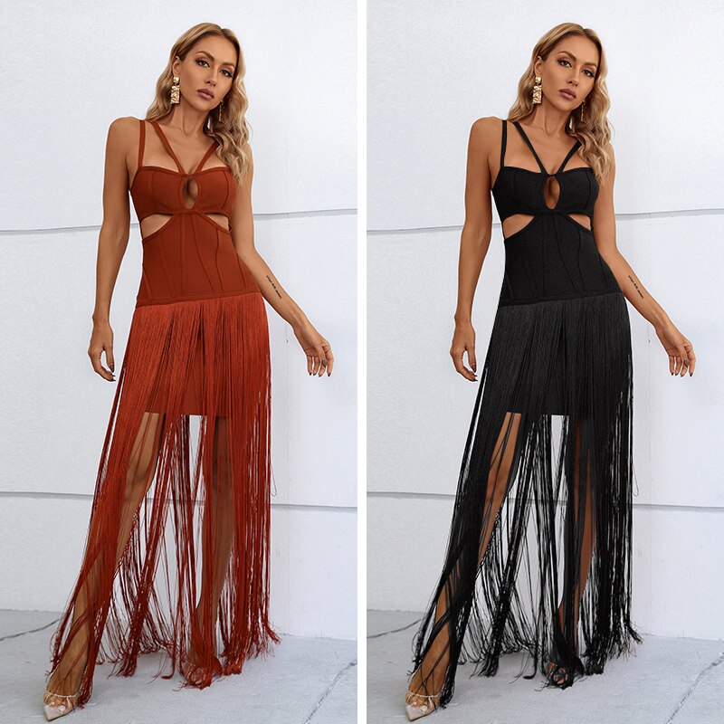 JUNE LIPS 2022 New Tassel Black Slim Mesh Strap Dress Cross Sexy Spaghetti Party Club Dress Elegant Dress Evening Dress