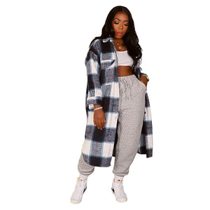 ANJAMANOR Elegant Fashion Checkered Coat Women Autumn Winter Clothing  Single Breasted Long Flannel Plaid Jacket D74-DG57