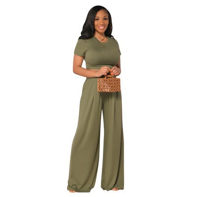 European and American Large Sized Womens Fashion Casual Wide Leg Two Piece Set for Women