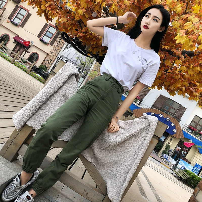 High Waist Ankle-Length Safari Style Hip Hop Womens Cargo Pants Fashion Casual High Waist Trousers Solid Joggers Sweatpants