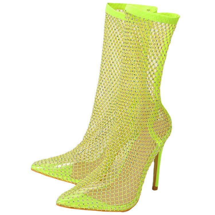 Crystal Rhinestone Mesh Stretch Fabric Sexy High Heels Sock Over-the-Knee Boots PVC Transparent Pointed Toe Shoes