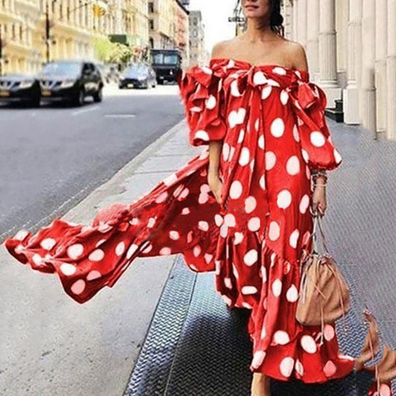 Boho Dress Off Shoulder Polka Dot Dress Women Casual Maxi Dress