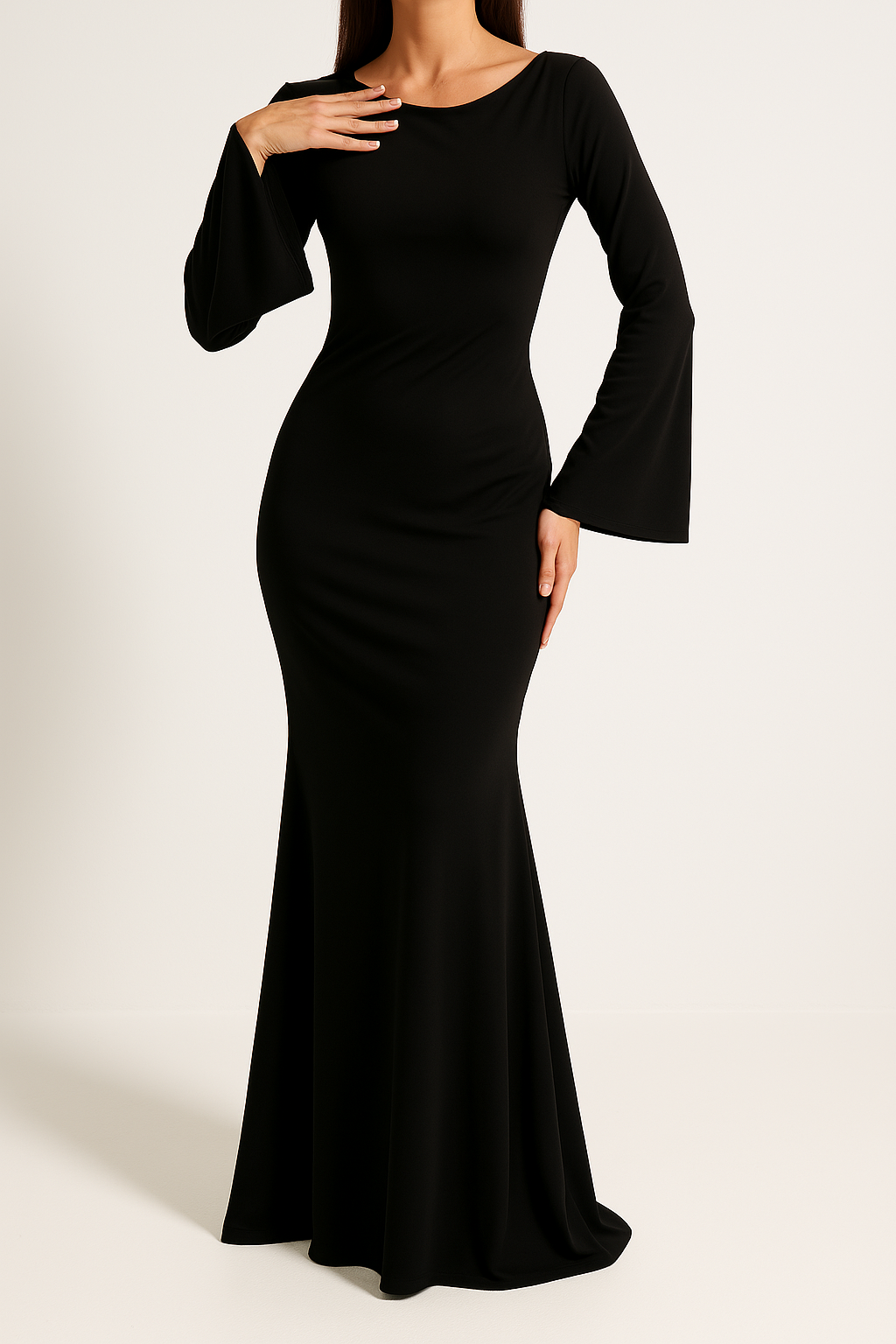Women's Elegant Fitted Bodice Floor Length Maxi Dress with Long Flared Sleeves