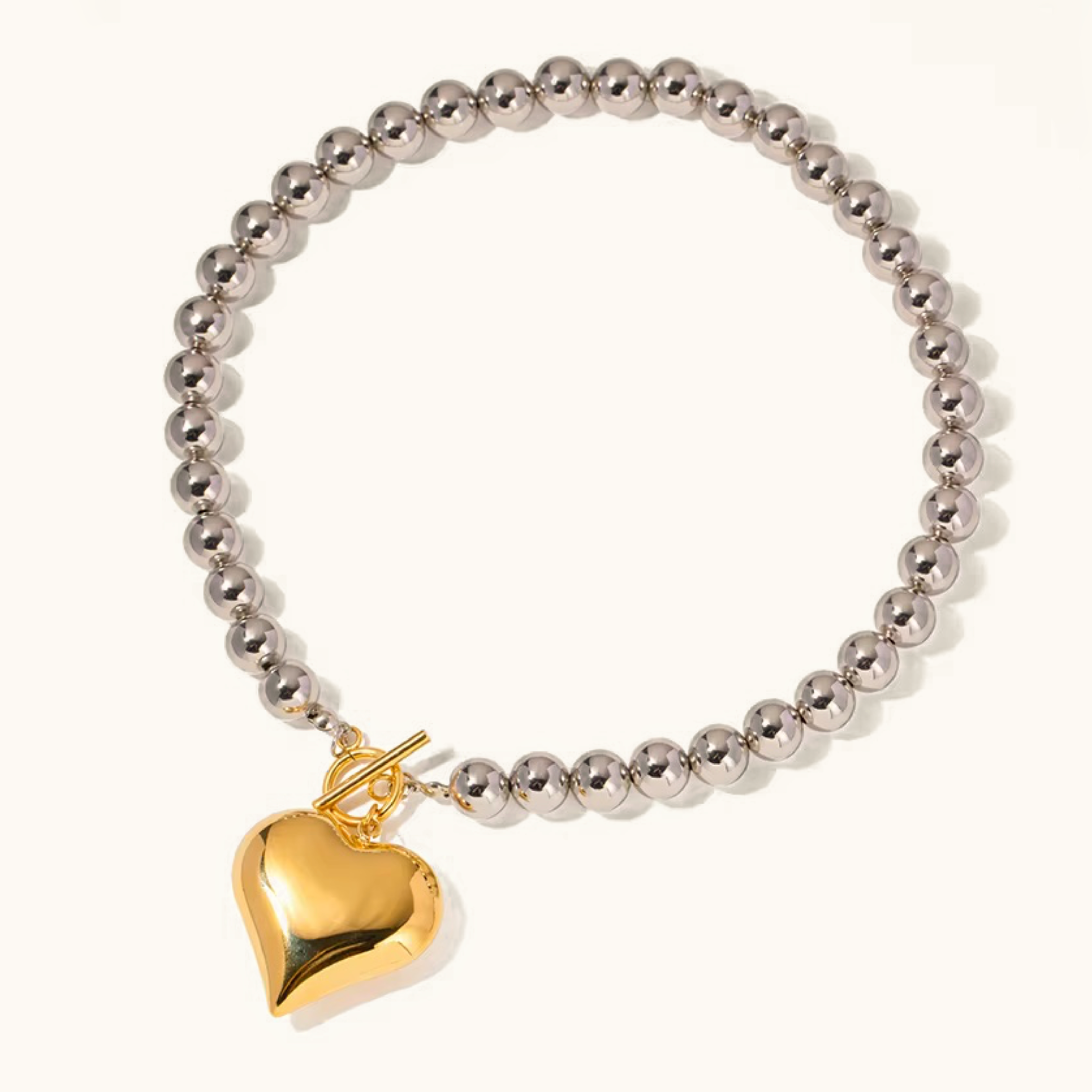 Chunky Bead Heart Pendant Necklace – Waterproof and Hypoallergenic Stainless Steel with 18k Gold Accent