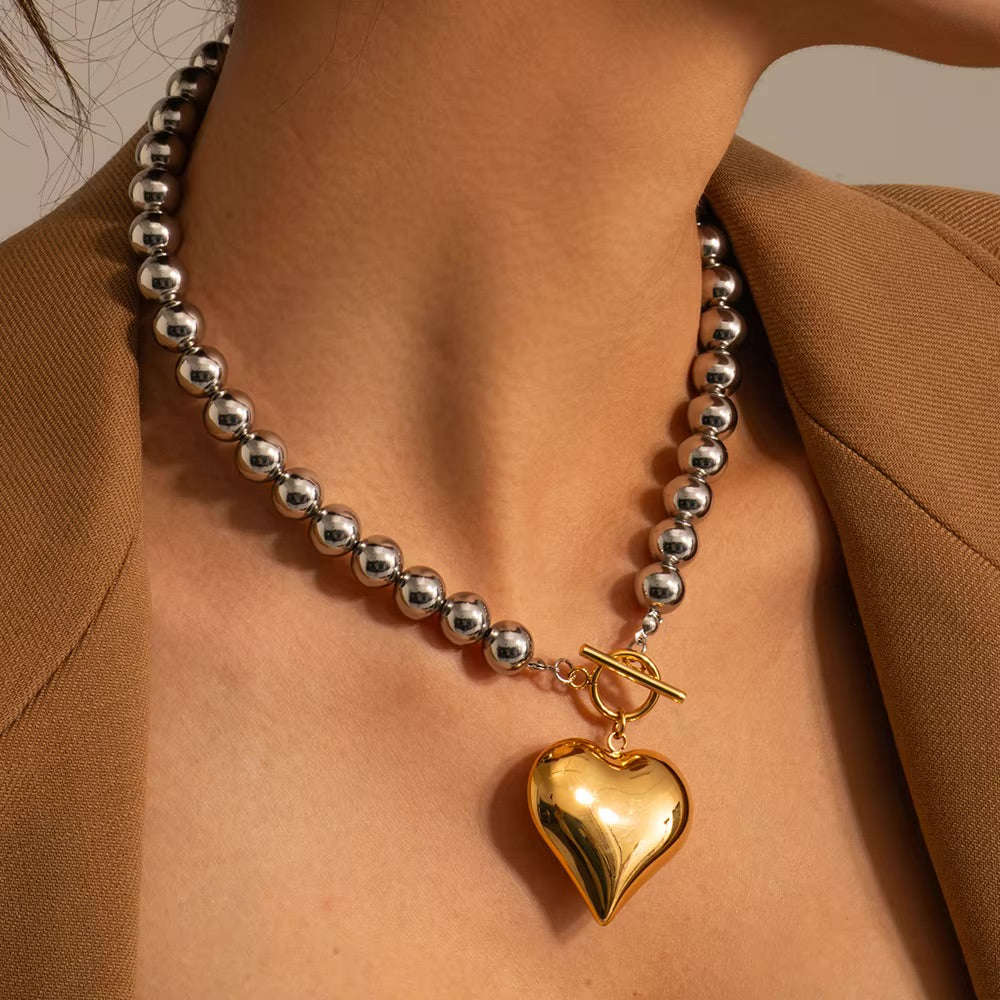 Chunky Bead Heart Pendant Necklace – Waterproof and Hypoallergenic Stainless Steel with 18k Gold Accent