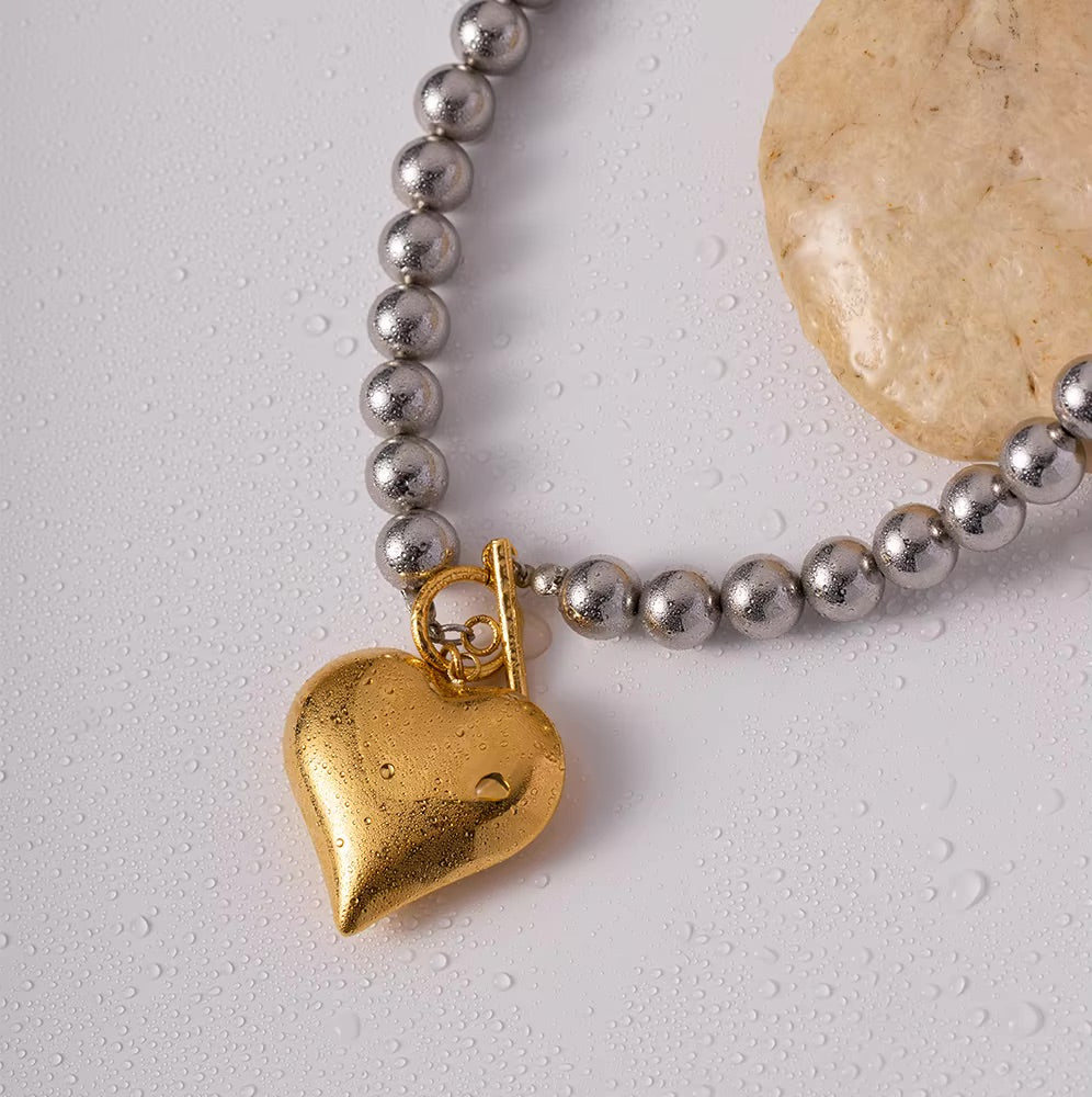 Chunky Bead Heart Pendant Necklace – Waterproof and Hypoallergenic Stainless Steel with 18k Gold Accent