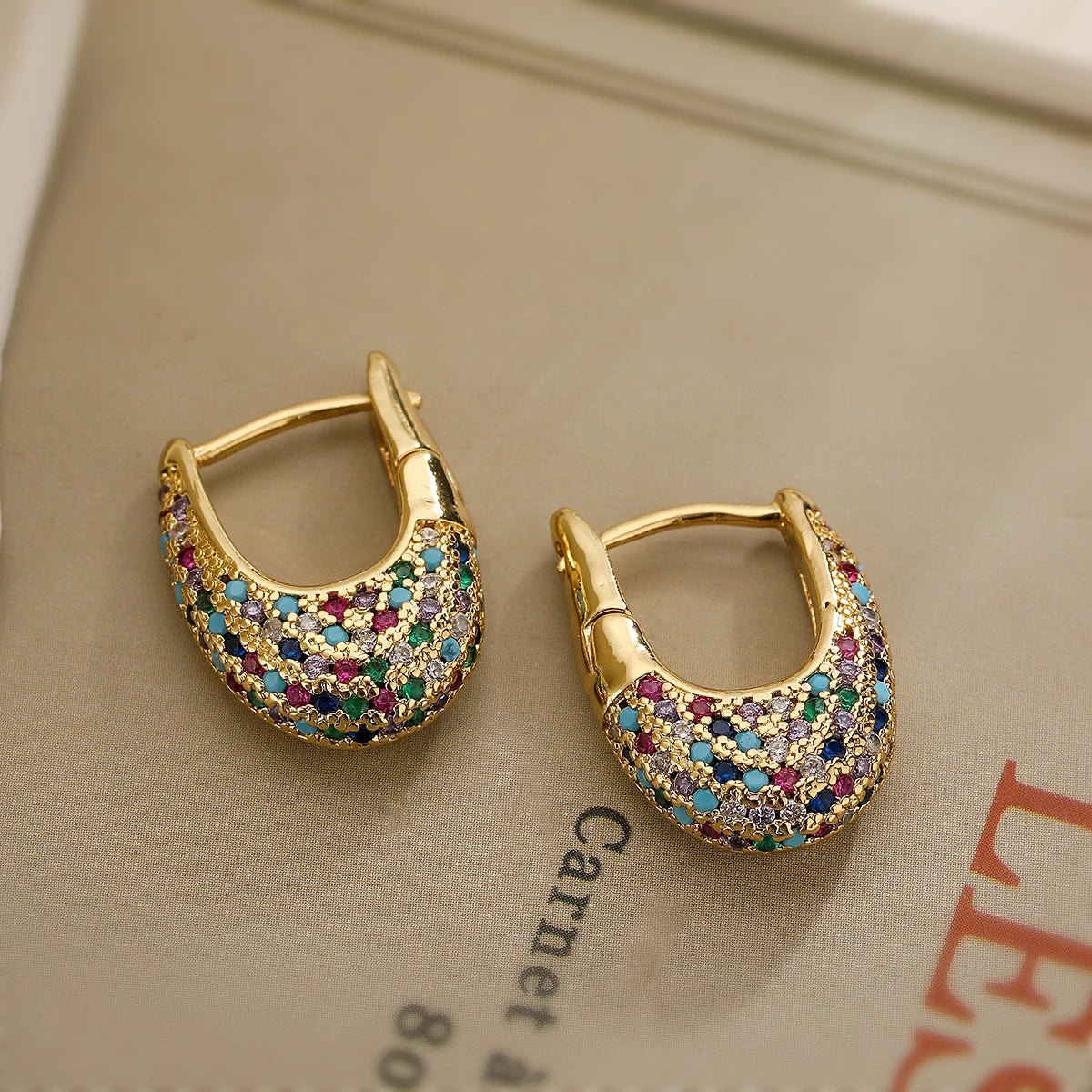 Chunky Diamond Hoop Earrings with Colorful Zircon Accents – Elegant Gold Jewelry for Women