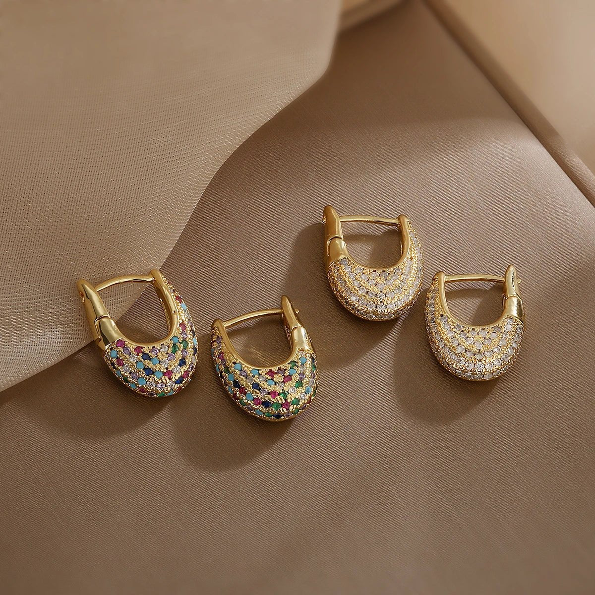 Chunky Diamond Hoop Earrings with Colorful Zircon Accents – Elegant Gold Jewelry for Women