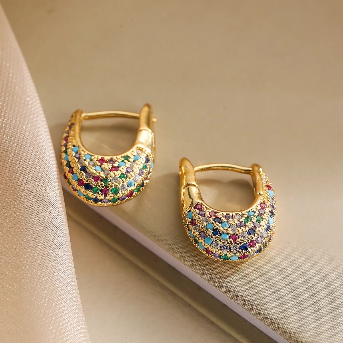 Chunky Diamond Hoop Earrings with Colorful Zircon Accents – Elegant Gold Jewelry for Women