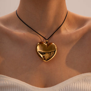 Chunky Gold Heart Pendant Necklace with Black Rope – Hypoallergenic and Waterproof Statement Jewelry for Women