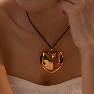 Chunky Gold Heart Pendant Necklace with Black Rope – Hypoallergenic and Waterproof Statement Jewelry for Women
