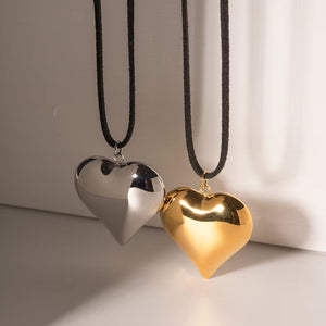 Chunky Heart Pendant Necklace – Long Black Rope, Waterproof, Hypoallergenic, 56 Inches, Bold Statement Jewelry for Women