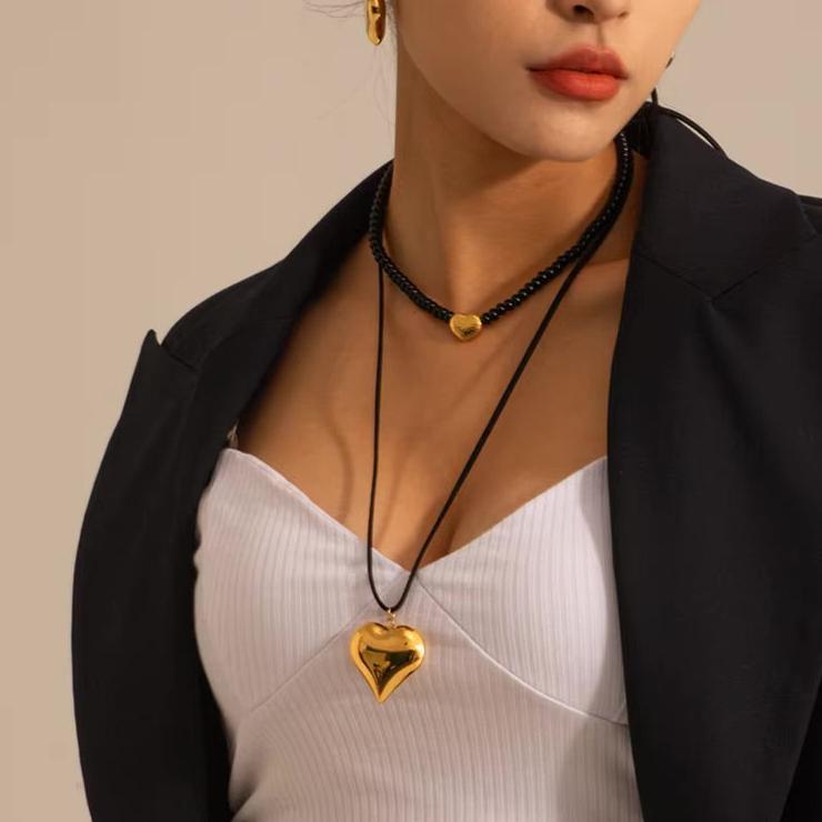 Chunky Heart Pendant Necklace – Long Black Rope, Waterproof, Hypoallergenic, 56 Inches, Bold Statement Jewelry for Women