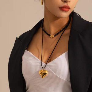 Chunky Heart Pendant Necklace – Long Black Rope, Waterproof, Hypoallergenic, 56 Inches, Bold Statement Jewelry for Women