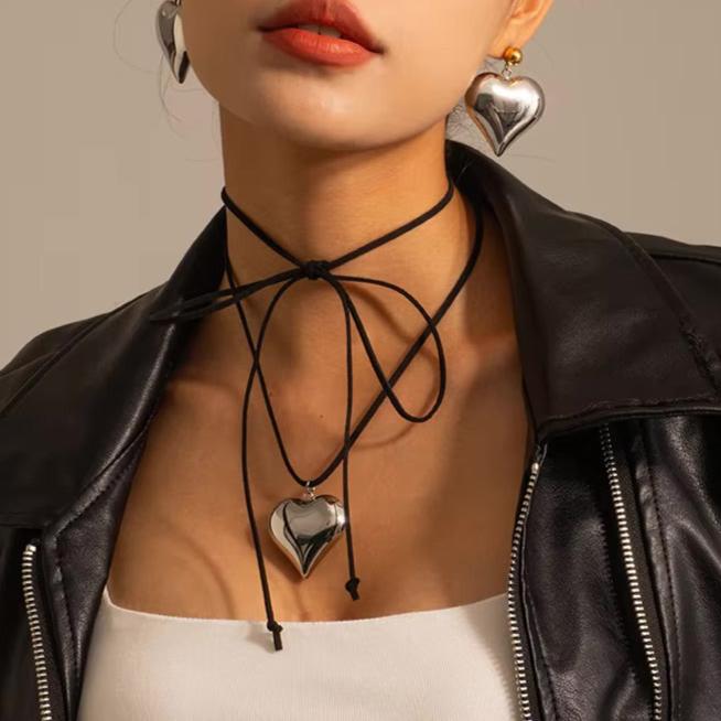 Chunky Heart Pendant Necklace – Long Black Rope, Waterproof, Hypoallergenic, 56 Inches, Bold Statement Jewelry for Women