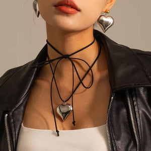Chunky Heart Pendant Necklace – Long Black Rope, Waterproof, Hypoallergenic, 56 Inches, Bold Statement Jewelry for Women