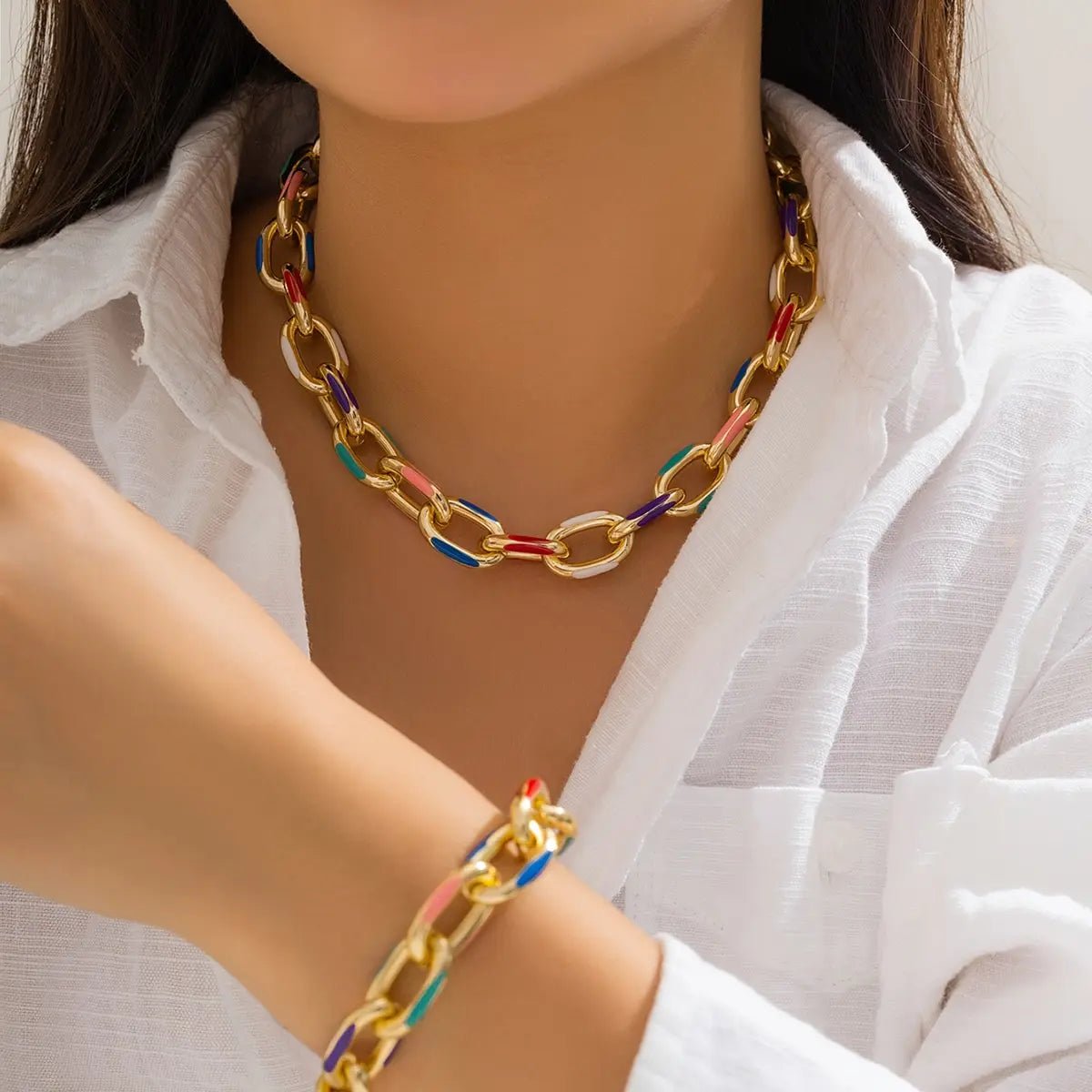 Colorful Chain Jewelry Set for Women – Vibrant Stainless Steel Necklace and Bracelet with Adjustable Lengths