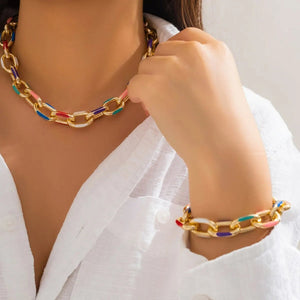 Colorful Chain Jewelry Set for Women – Vibrant Stainless Steel Necklace and Bracelet with Adjustable Lengths