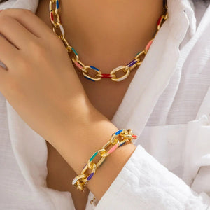 Colorful Chain Jewelry Set for Women – Vibrant Stainless Steel Necklace and Bracelet with Adjustable Lengths