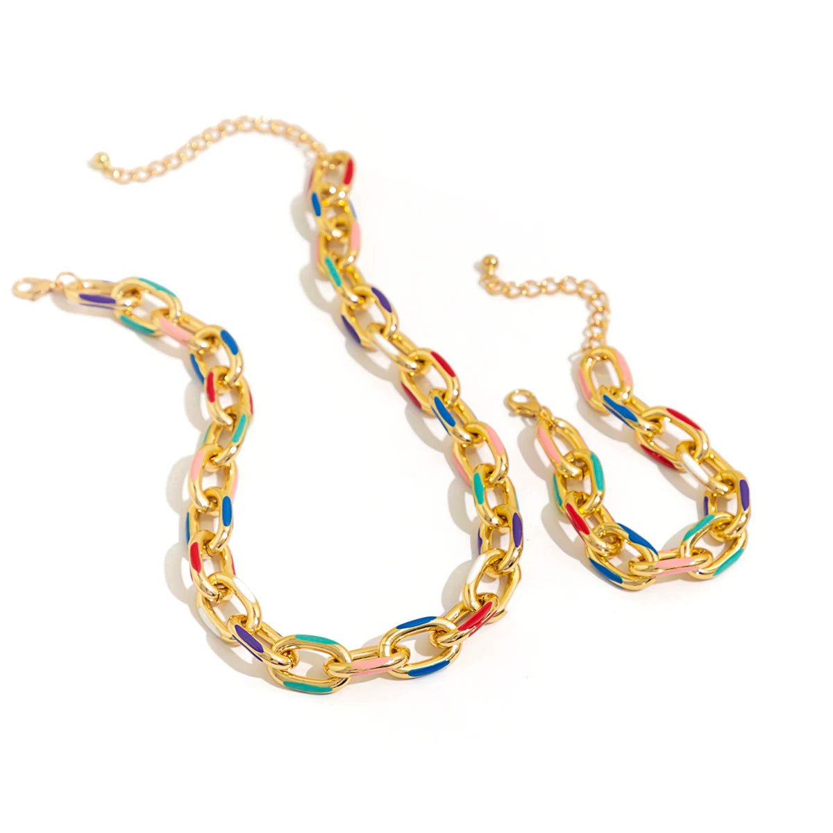 Colorful Chain Jewelry Set for Women – Vibrant Stainless Steel Necklace and Bracelet with Adjustable Lengths
