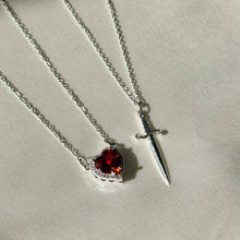 Load image into Gallery viewer, Couples Necklace Set - Matching Heart and Sword Pendants in Gold and Silver - Couple Jewelry Necklace for Him and Her
