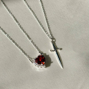 Couples Necklace Set - Matching Heart and Sword Pendants in Gold and Silver - Couple Jewelry Necklace for Him and Her