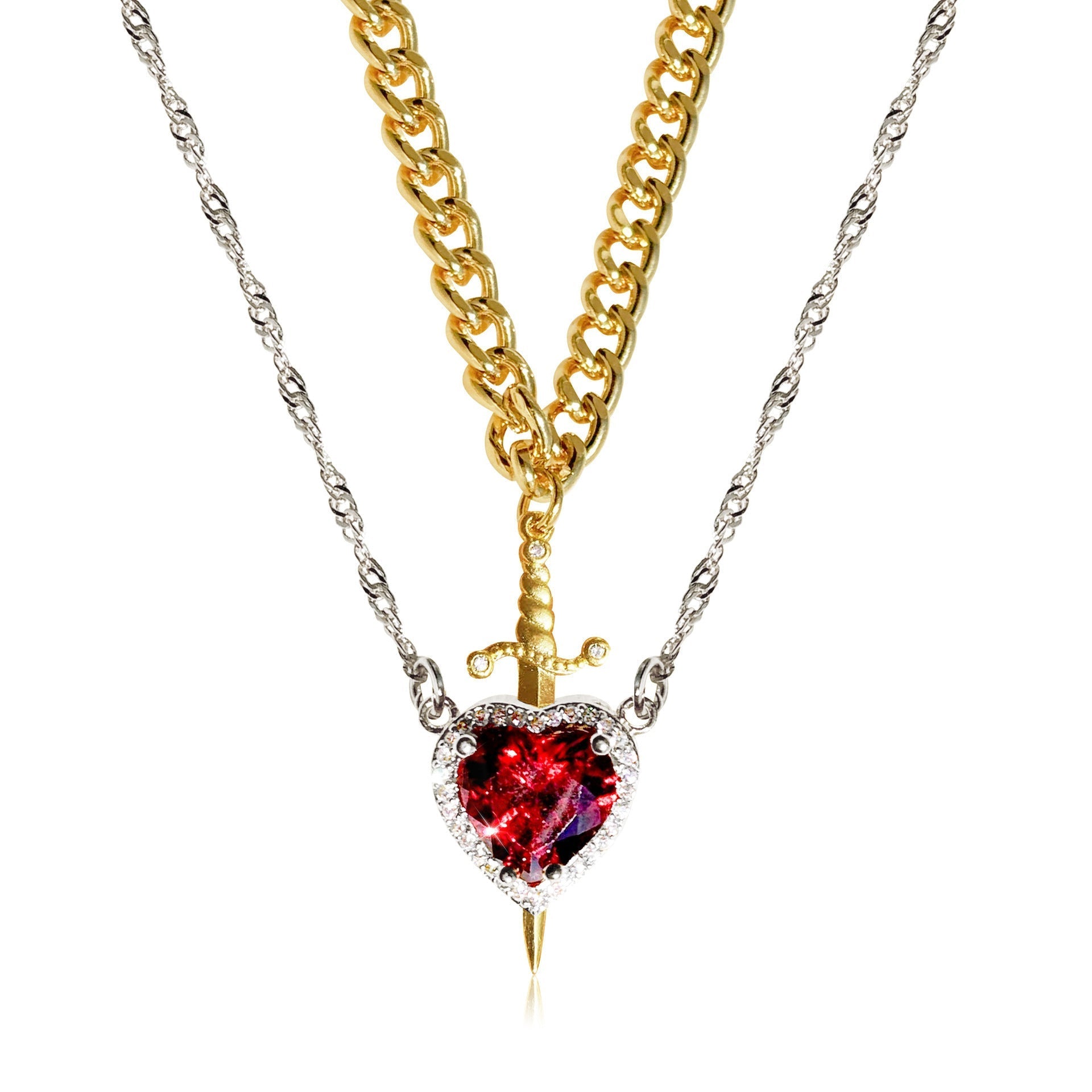 Couples Necklace Set - Matching Heart and Sword Pendants in Gold and Silver - Couple Jewelry Necklace for Him and Her