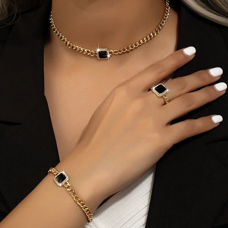 Cuban Square Diamond Jewelry Set – Necklace, Bracelet, and Ring with Adjustable Lengths in Black, White, or Red