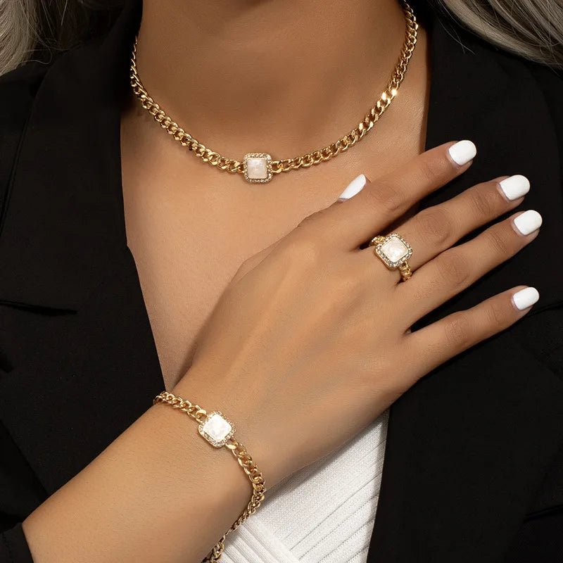 Cuban Square Diamond Jewelry Set – Necklace, Bracelet, and Ring with Adjustable Lengths in Black, White, or Red