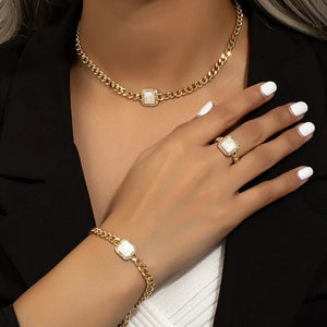 Cuban Square Diamond Jewelry Set – Necklace, Bracelet, and Ring with Adjustable Lengths in Black, White, or Red