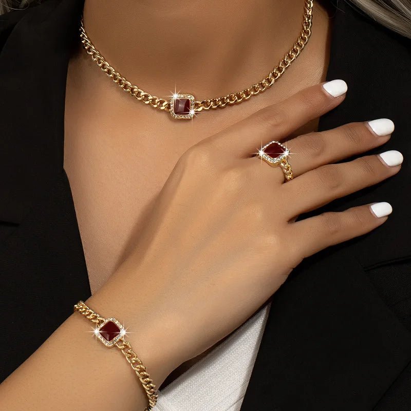 Cuban Square Diamond Jewelry Set – Necklace, Bracelet, and Ring with Adjustable Lengths in Black, White, or Red