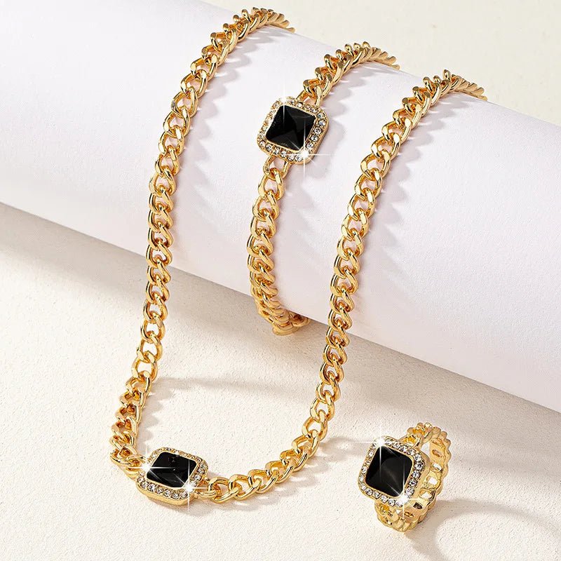 Cuban Square Diamond Jewelry Set – Necklace, Bracelet, and Ring with Adjustable Lengths in Black, White, or Red
