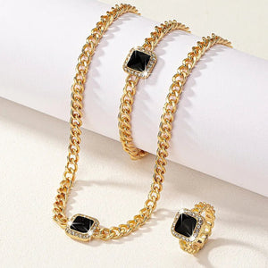 Cuban Square Diamond Jewelry Set – Necklace, Bracelet, and Ring with Adjustable Lengths in Black, White, or Red