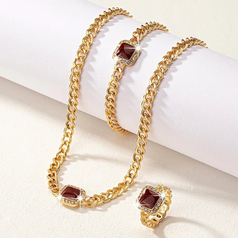 Cuban Square Diamond Jewelry Set – Necklace, Bracelet, and Ring with Adjustable Lengths in Black, White, or Red