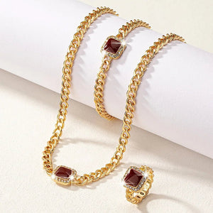 Cuban Square Diamond Jewelry Set – Necklace, Bracelet, and Ring with Adjustable Lengths in Black, White, or Red