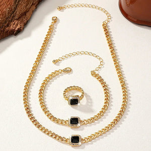 Cuban Square Diamond Jewelry Set – Necklace, Bracelet, and Ring with Adjustable Lengths in Black, White, or Red
