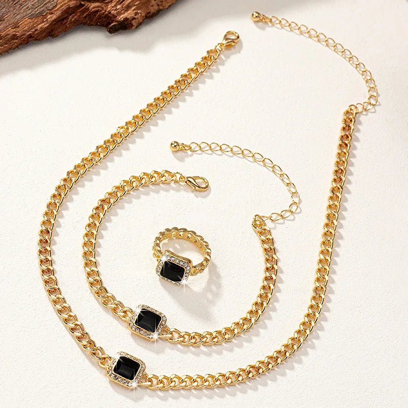 Cuban Square Diamond Jewelry Set – Necklace, Bracelet, and Ring with Adjustable Lengths in Black, White, or Red
