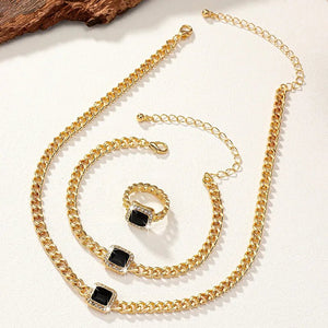 Cuban Square Diamond Jewelry Set – Necklace, Bracelet, and Ring with Adjustable Lengths in Black, White, or Red