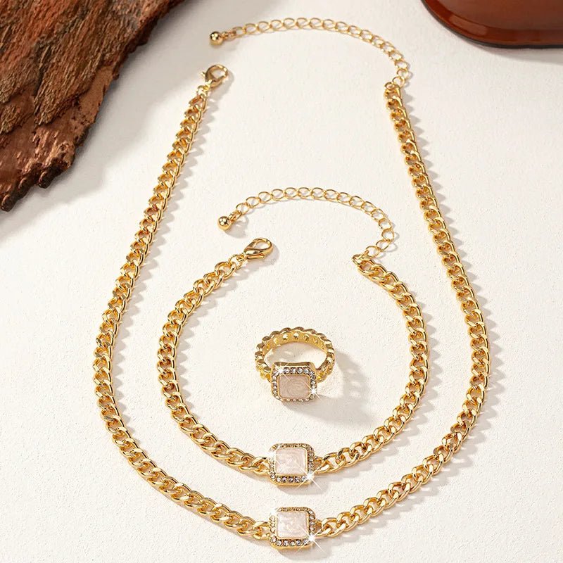 Cuban Square Diamond Jewelry Set – Necklace, Bracelet, and Ring with Adjustable Lengths in Black, White, or Red