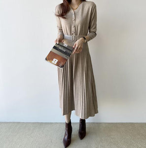 V-neck Single-breasted Women Thicken Sweater Dress  Autumn Winter Knitted Belted Female A-line soft dresses