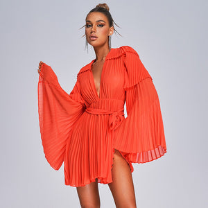 Modphy  Summer New Flare Long Sleeve V-neck Bright Pleated Women Sexy Empire Waist Party Chiffon Dress Draped Vestidos