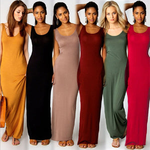 Elegant Women Sexy Dress O-Neck Sleeveless Slim Maxi Dress High Stretch Tank Robe Spring Summer Thin Long Dress Vestidos